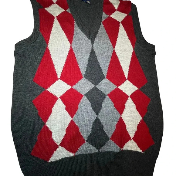 Men's Argyle Sweater Vest 38/M Lambswool Gray Burgundy‎ Grandpa Core VNeck Vtg - Picture 3 of 9